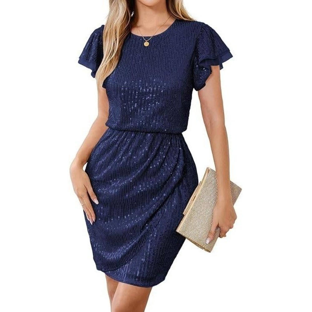 Grace Karin Sparkly Sequin Dress Cap Sleeve in Navy Blue - Size Large‎